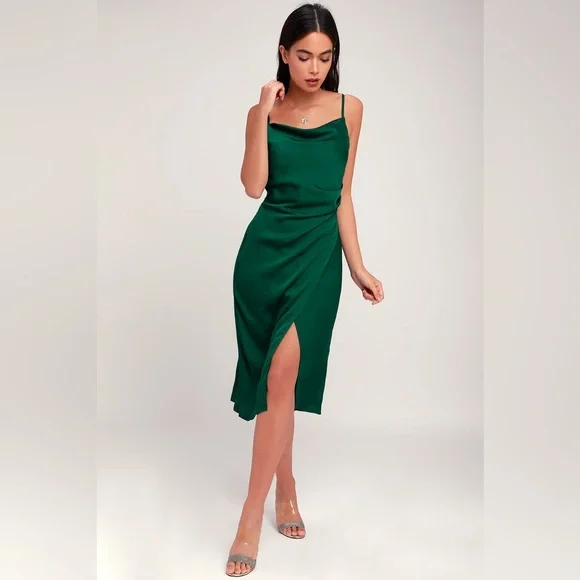 hollywood woman forest green satin midi dress Sage Floral Dress - Satin Dress - Midi Dress - Cowl Neck Dress